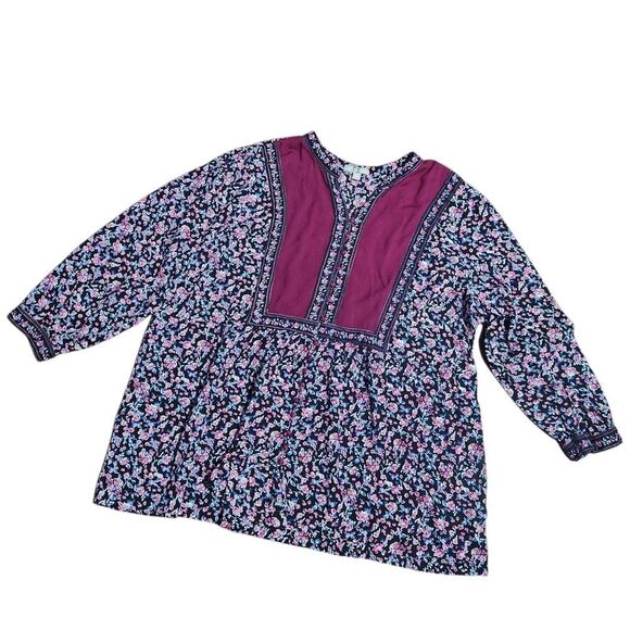 Woman Within Blouse Plus Size 3X Purple Black Floral V Neck Long Sleeve Top - Picture 1 of 9